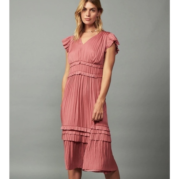 Current Air Sereia V-neck Pleated Midi Dress Romantic Dusty Pink XL Modest NWT - Picture 1 of 15